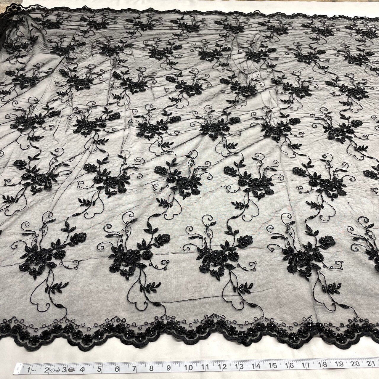 1 Yard Black Beaded Lace Fabric with Sequins and Pearls for Bridal and Evening Gowns, 51 Inches Wide